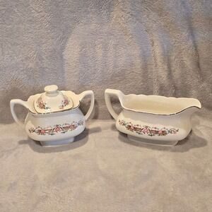 WS George Lido White Floral Rose Creamer and Lidded Sugar Bowl Set‎ Vintage USA